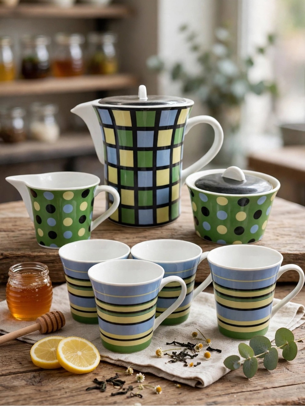 Complete Set of Life at Home Geometric Pattern Tea Pot, Cream, Sugar & Four Mugs